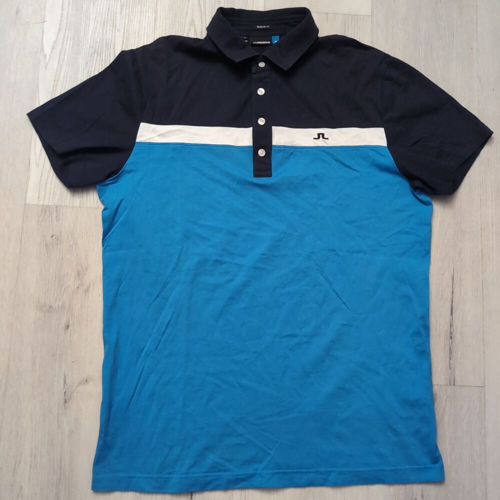 J Lindeberg Polo Men's Medium Blue Color Block Regular Fit J.Lindeberg